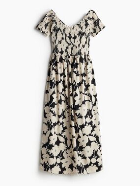 Off-Shoulder Black and Cream Floral Midi Dress H&M L